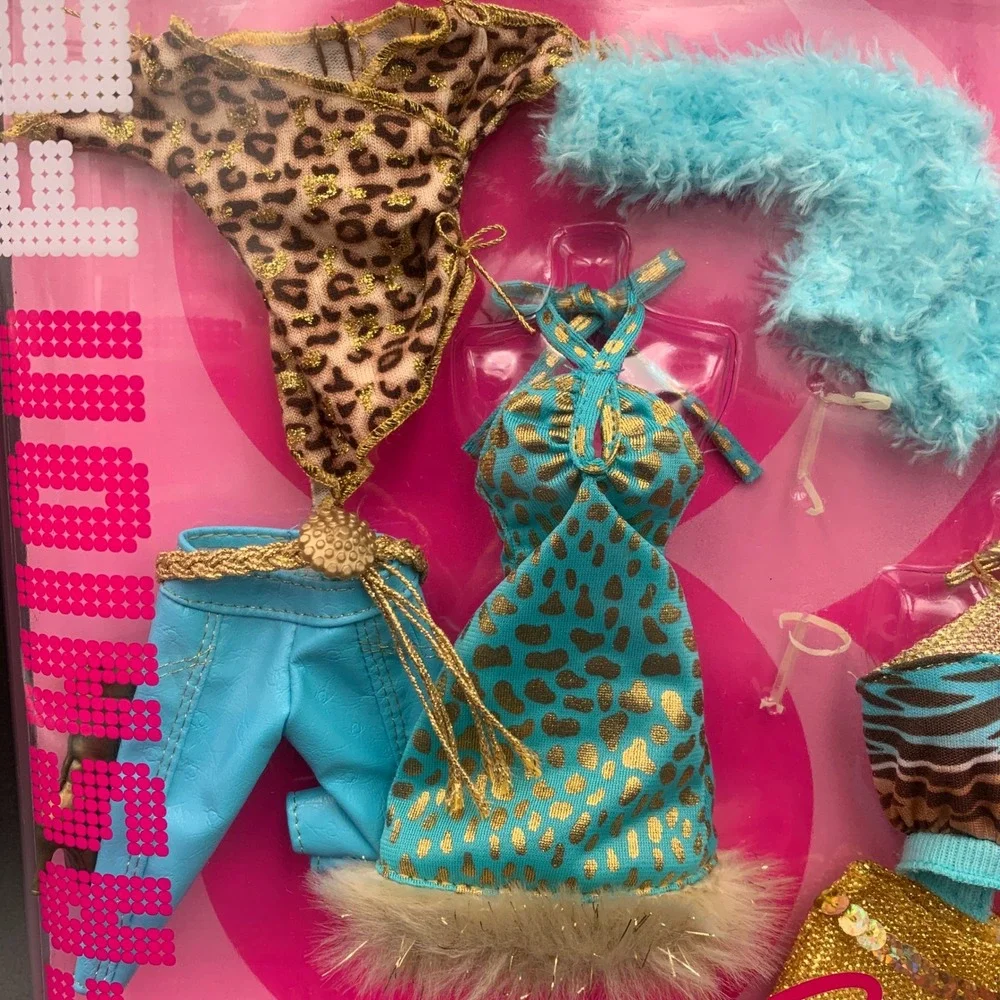 Barbie Fashion Fever Outfit Leopard Print Teal Gold Faux Fur J1375 NIB 2005